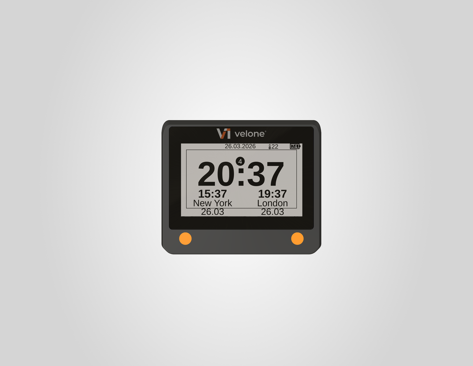 Velone World Clock & Pomodoro Timer - Three time zones at once — local time plus two more, Configurable sound and light — wake up comfortably, your way